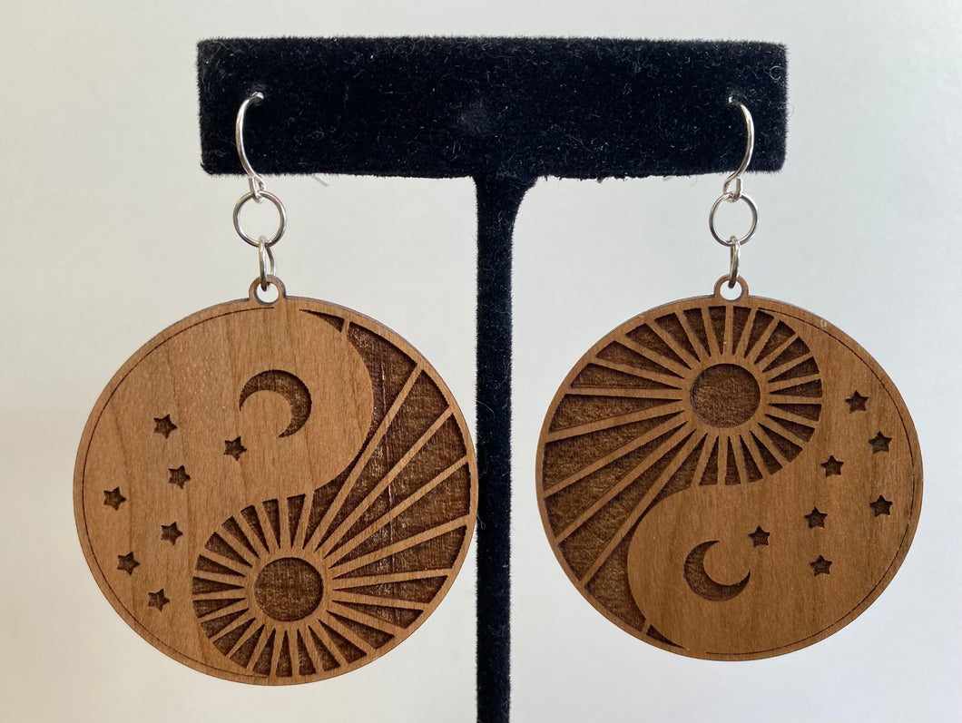 Sun & Moon Yin & Yang Wood Earrings