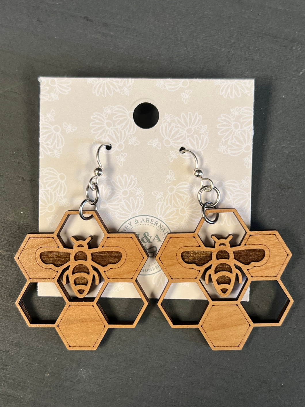 Honeycomb Bee Wood Earrings