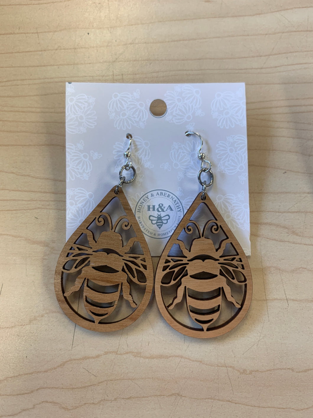 Bee Teardrop Wood Earrings