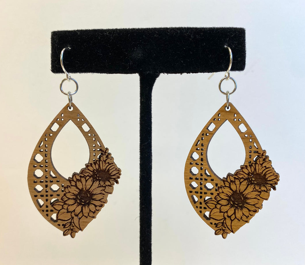 Cutout Teardrop Sunflower Wood Earrings