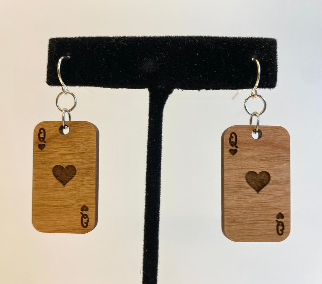 Queen of Hearts Card Wood Earrings