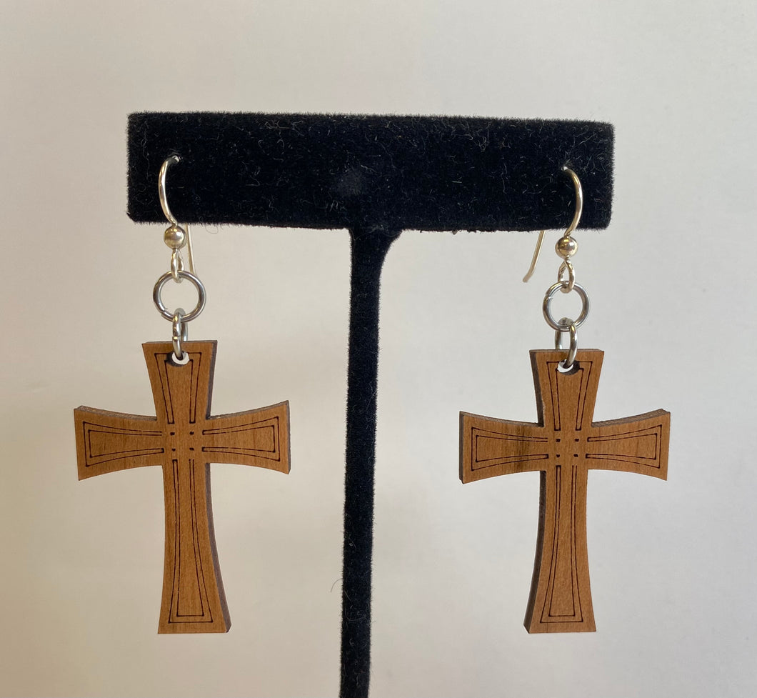 Etched Cross Wood Earrings