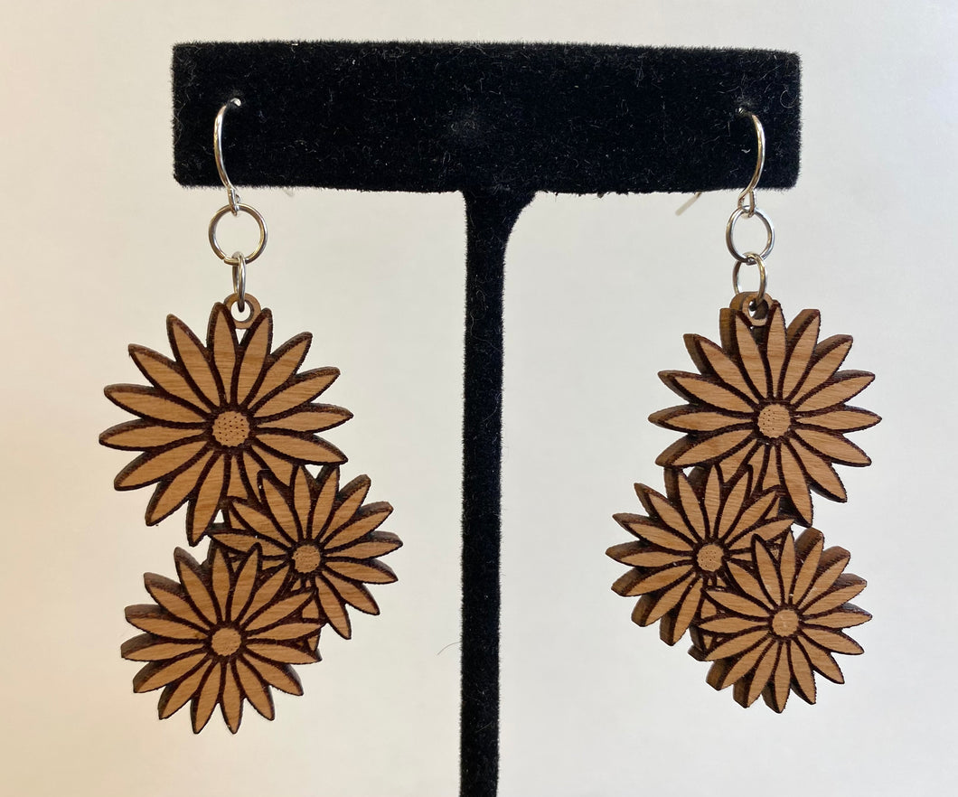 Three Flowers Wood Earrings