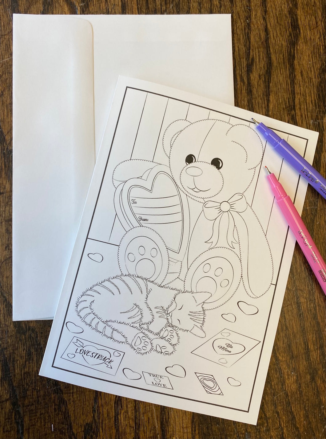 Valentine Bear & Cat Coloring Card